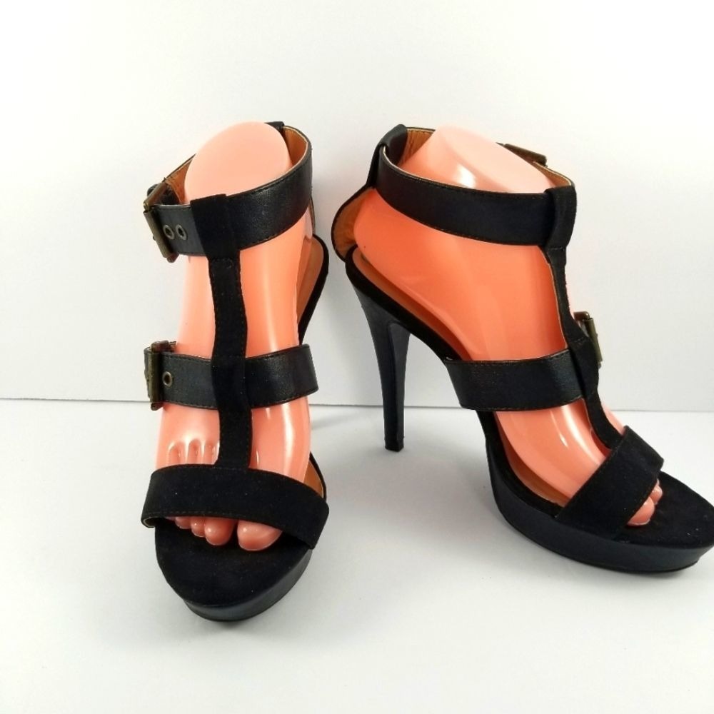 Black Strappy T-Strap Platform Stiletto Sandals with Double Buckles Brass Detail